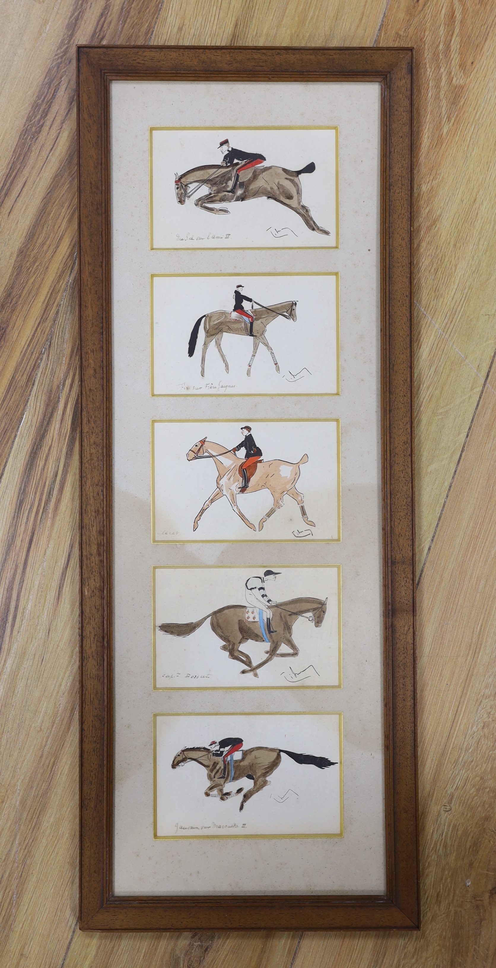 French School, set of five 20th century ink and watercolours, Horse racing and hunting interest, each inscribed in French, indistinctly signed, mounted and framed as one, 13 x 8cm